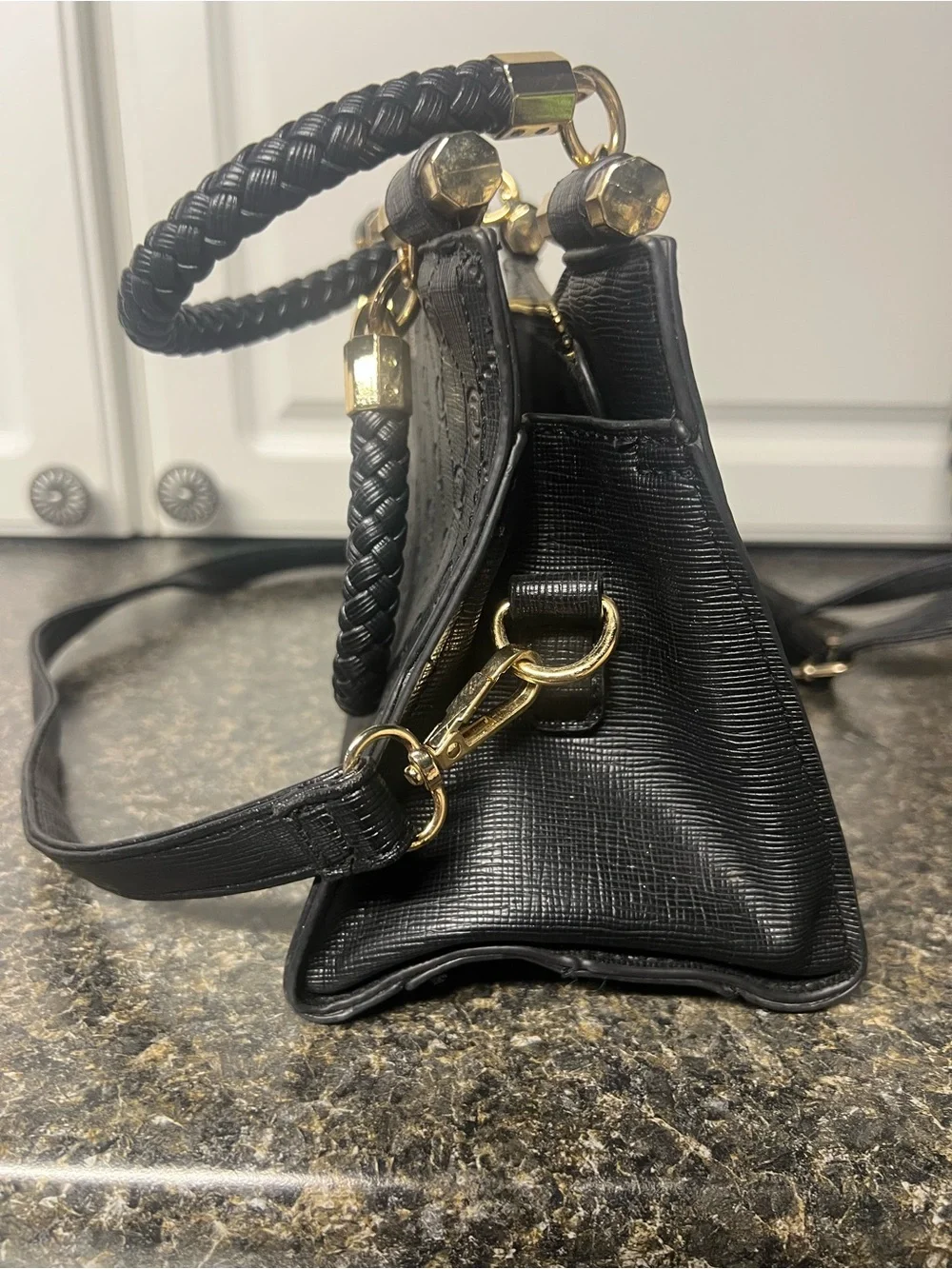 bebe Black Embossed Logo Satchel with Gold Plaque